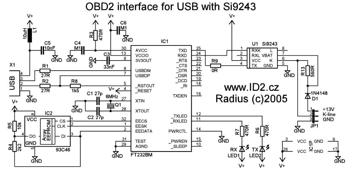 OBD2 to USB interface cable scheme and plate